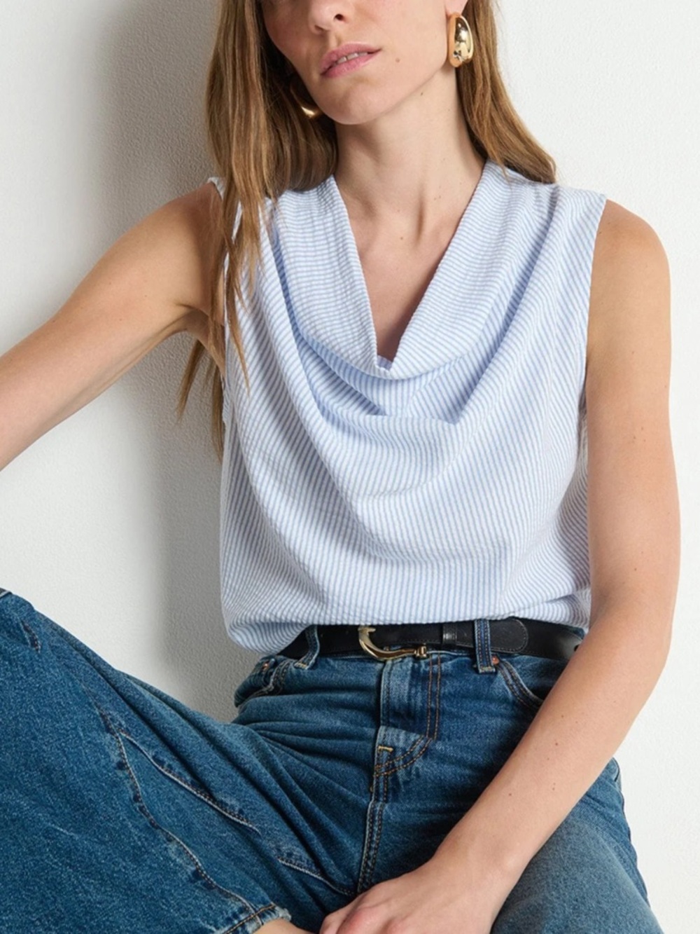 NWT Nation LA Cillie Cowl Neck Tank in Mini Stripe Blue White Size Small